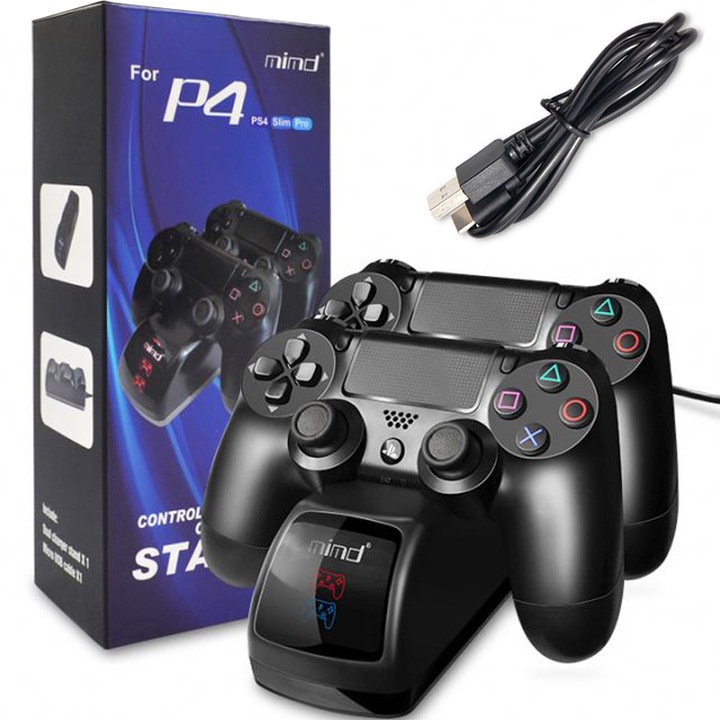 Двойна зарядна станция за PlayStation4 контролери, FITUNIVESRAL, USB порт, LED индикатори, PS4 бързо зареждане, черен