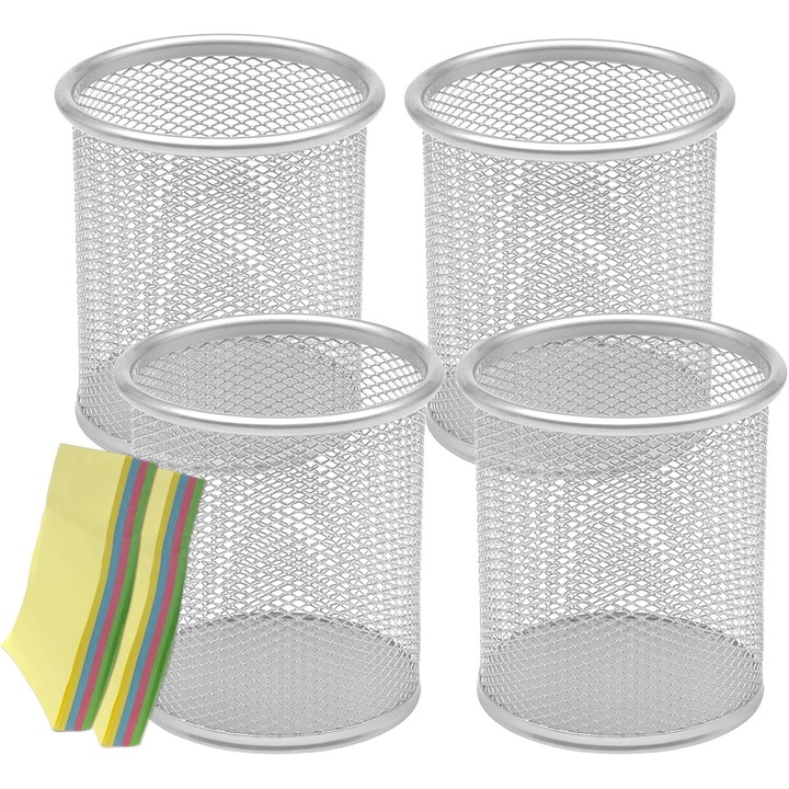 Fém íróeszköz tartó készlet, 4 db rendező és 2 db 100 db többszínű öntapadós jegyzetkészlet, Kerek forma, Ezüst, 9 x 10 cm