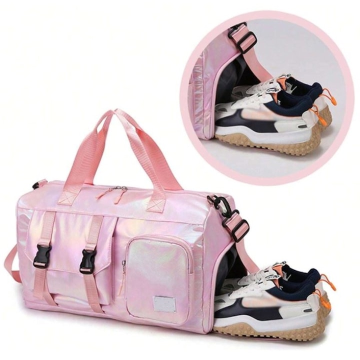 Иновативна спортна чанта със специални отделения за обувки и отделяне на мокри дрехи, 45x20x25 см, водоустойчива – идеална за спорт, пътуване и уикенди, розов металик