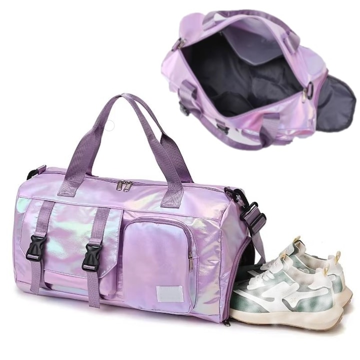 Geanta Sport Inovatoare cu Compartimente Speciale pentru Incaltaminte si Separare Hainelor Ude, 45x20x25 cm, Impermeabil – Ideala pentru Sport, Calatorii si Weekenduri, Mov Metalic