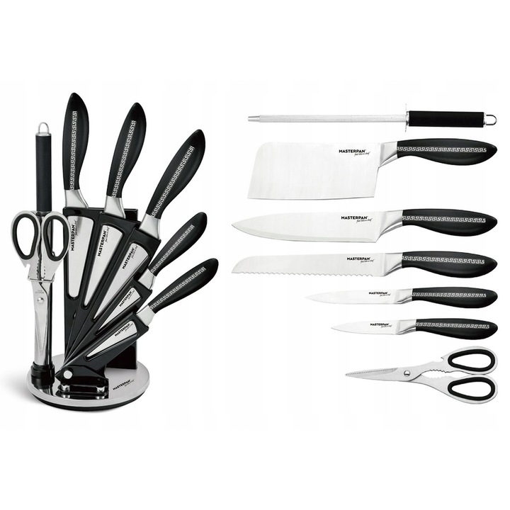 Set De Cutite De Bucatarie, Masterpan, 8 Elemente, Negru Suport Pentru Cutite, Otel Inoxidabil, Negru