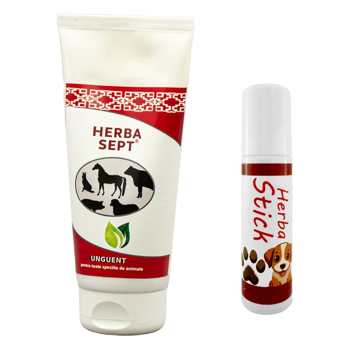 Pachet ingrijire Unguent Herba Sept cu Extracte Vegetale, adjuvant in Plagi, Infectii ale Pielii, Dermatoze, Arsuri, Afectiuni Podale, Panaritii, toate speciile, 150g si Stick Roll On pentru caini, hidrateaza, calmeaza si previne uscarea labutelor, 10ml