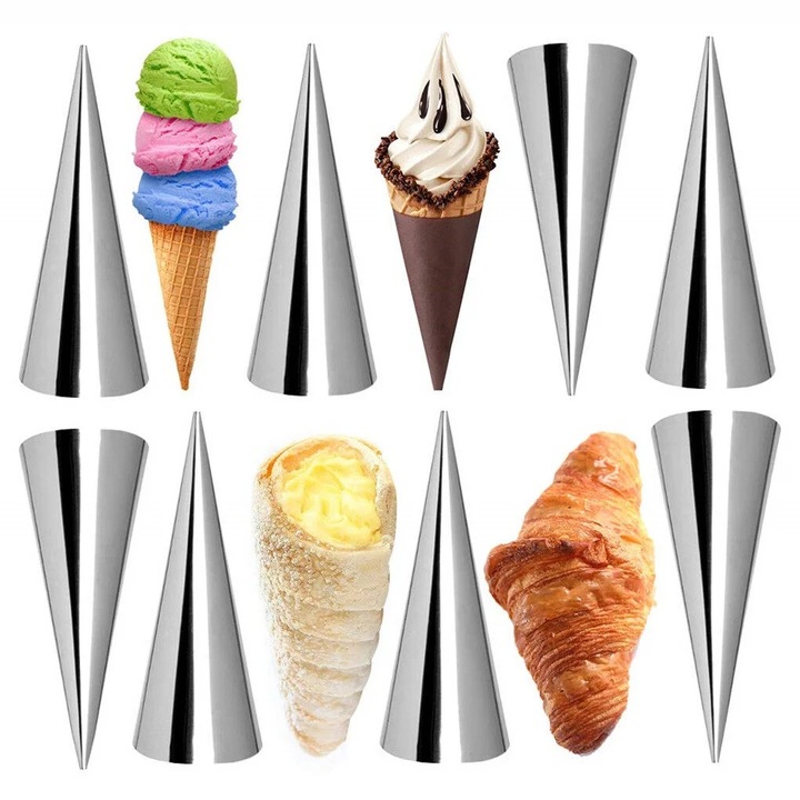 Set forme prajituri din otel inoxidabil, conuri pentru croissante, 5 bucati, argintii, 3.5x12.5cm