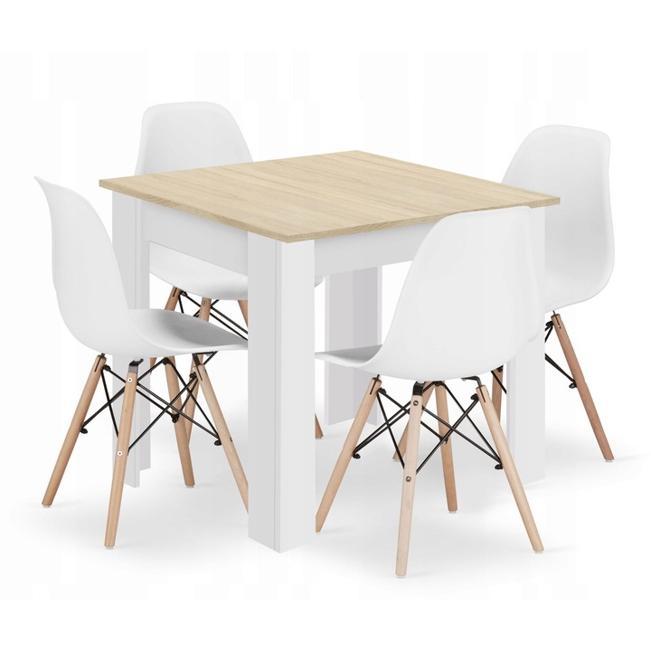 Set masa patrata OSKAR 80x80 cm cu 4 scaune alb/stejar sonoma, design modern