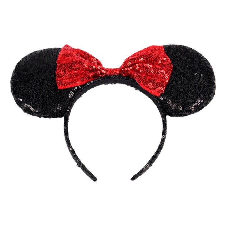 Bentita cu urechi de soarece din paiete, design cu fundita, pentru femei si fete, negru rosu