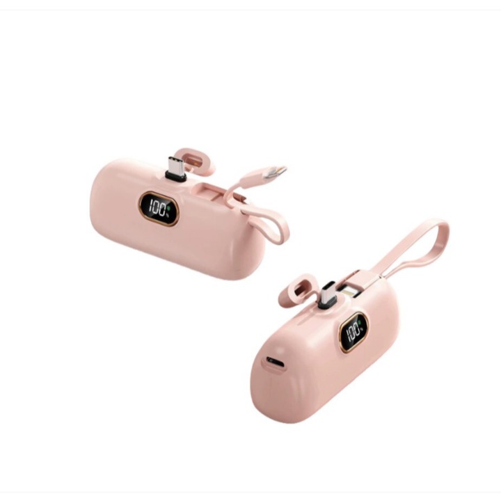 Acumulator extern compact, Mini Bank, Incarcare rapida, Interfata iPhone Type-C, Indicator nivel baterie, 5000 mAh, Ultraportabil, Type-C, Roz