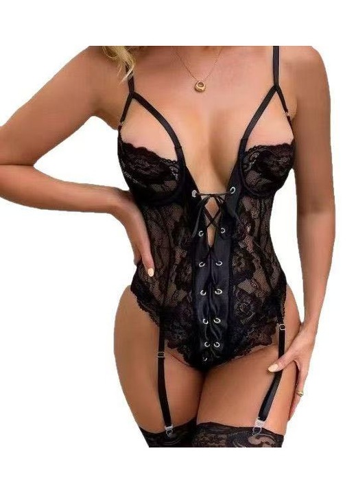 Set lenjerie intima 2 piese din broderie cu corset, negru