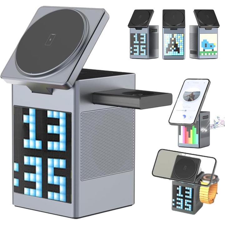Incarcator Wireless cu Boxa Bluetooth, Kesment, 6 in 1, Fast Charge 15W, Bluetooth 5.3, Ceas Digital, Alarma Inteligenta, Lampa cu lumina Ambientala RGB LED, Lncarcare Rapida, Compatibilitate: Samsung, iPhone, Huawei, Xiaomi, Design Modern si Elegant, Gri