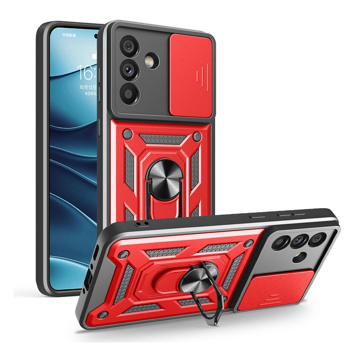 Husa telefon, pentru Samsung Galaxy A56 5G Capac de obiectiv al camerei glisante, inel rotativ 360°, Rosu