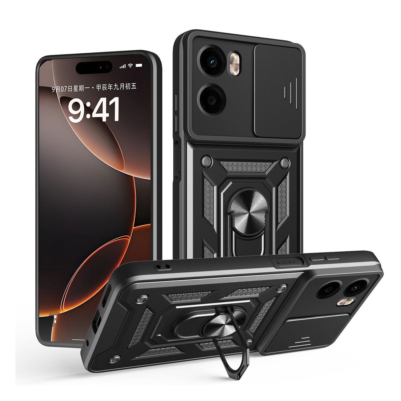 Husa telefon, pentru Motorola Moto G05 / E15 Capac de obiectiv al camerei glisante, inel rotativ 360°, Negru