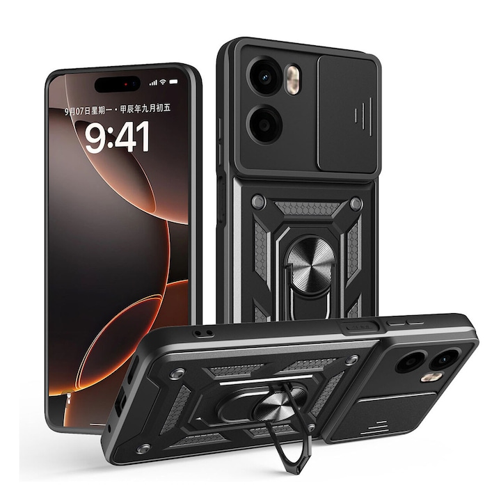 Husa telefon, pentru Motorola Moto G05 / E15 Capac de obiectiv al camerei glisante, inel rotativ 360°, Negru