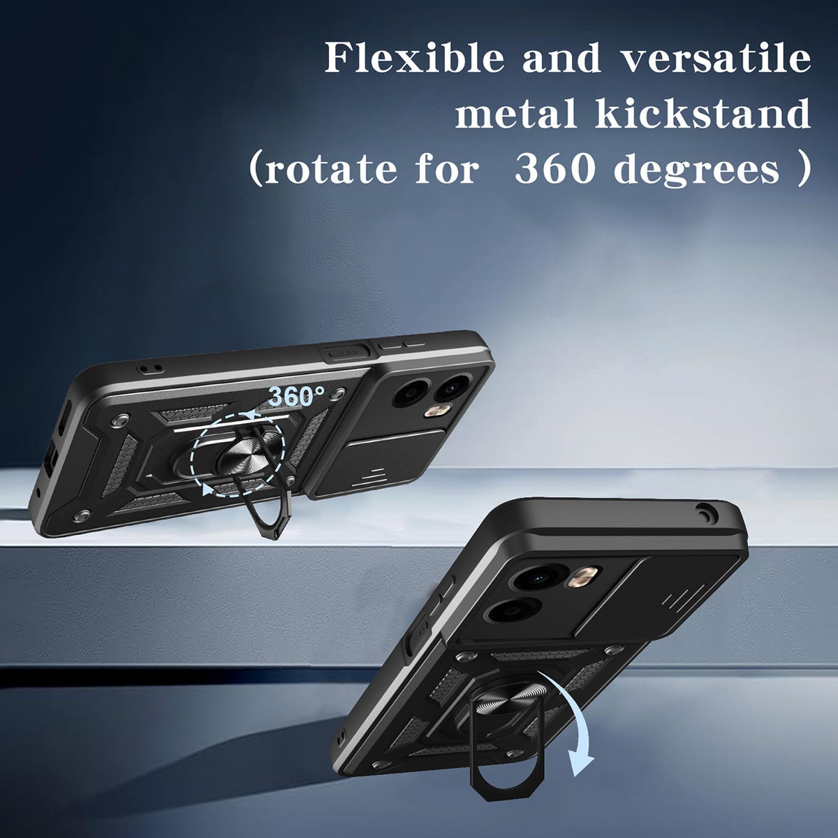 Husa telefon, pentru Motorola Moto G05 / E15 Capac de obiectiv al camerei glisante, inel rotativ 360°, Negru