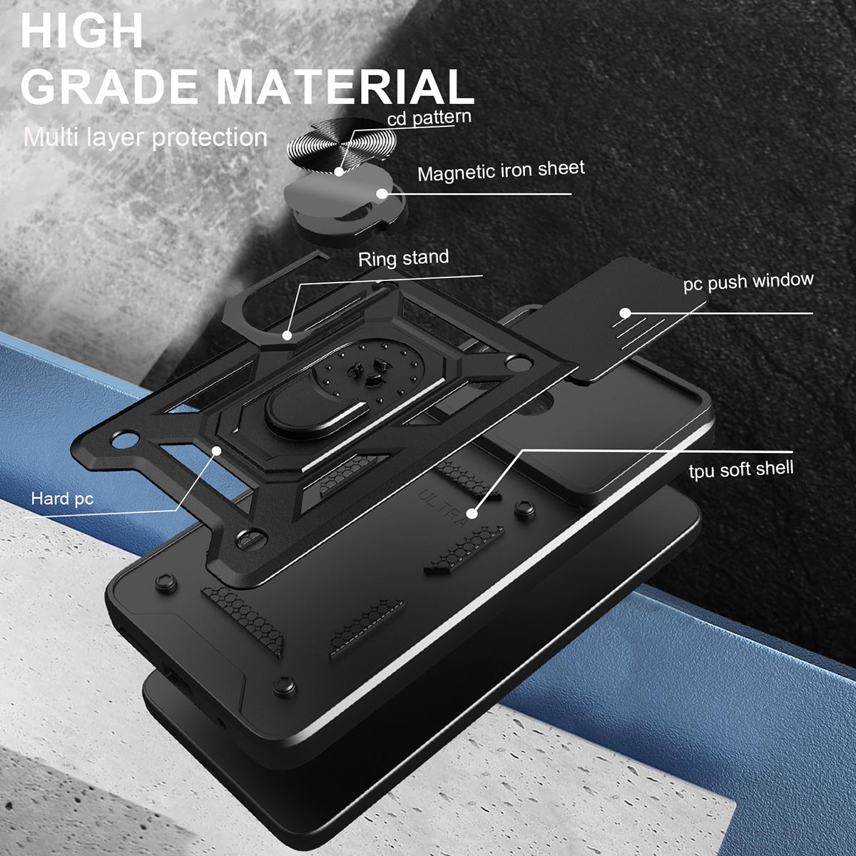 Husa telefon, pentru Motorola Moto G05 / E15 Capac de obiectiv al camerei glisante, inel rotativ 360°, Negru