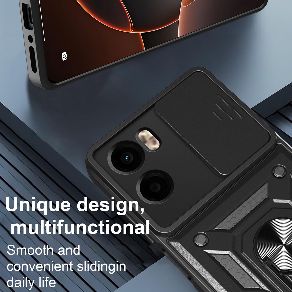 Husa telefon, pentru Motorola Moto G05 / E15 Capac de obiectiv al camerei glisante, inel rotativ 360°, Negru