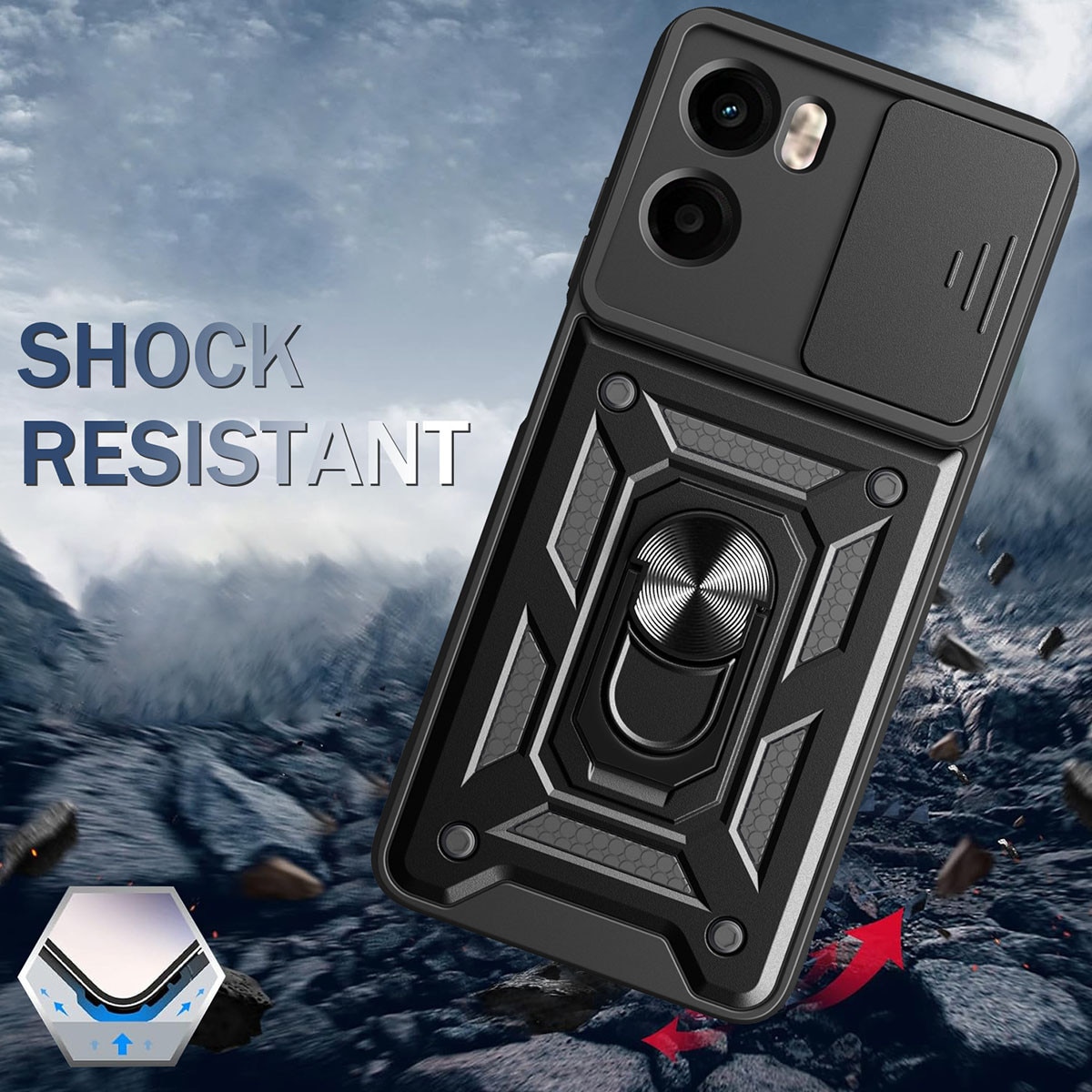 Husa telefon, pentru Motorola Moto G05 / E15 Capac de obiectiv al camerei glisante, inel rotativ 360°, Negru