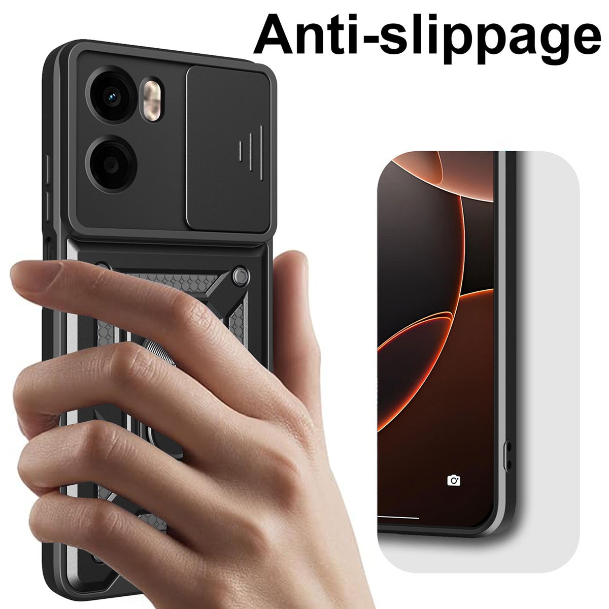 Husa telefon, pentru Motorola Moto G05 / E15 Capac de obiectiv al camerei glisante, inel rotativ 360°, Negru