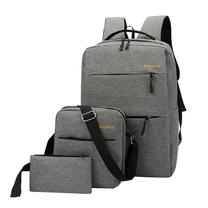 Rucsac laptop 17", set 3 piese, gri, 48x15x28cm