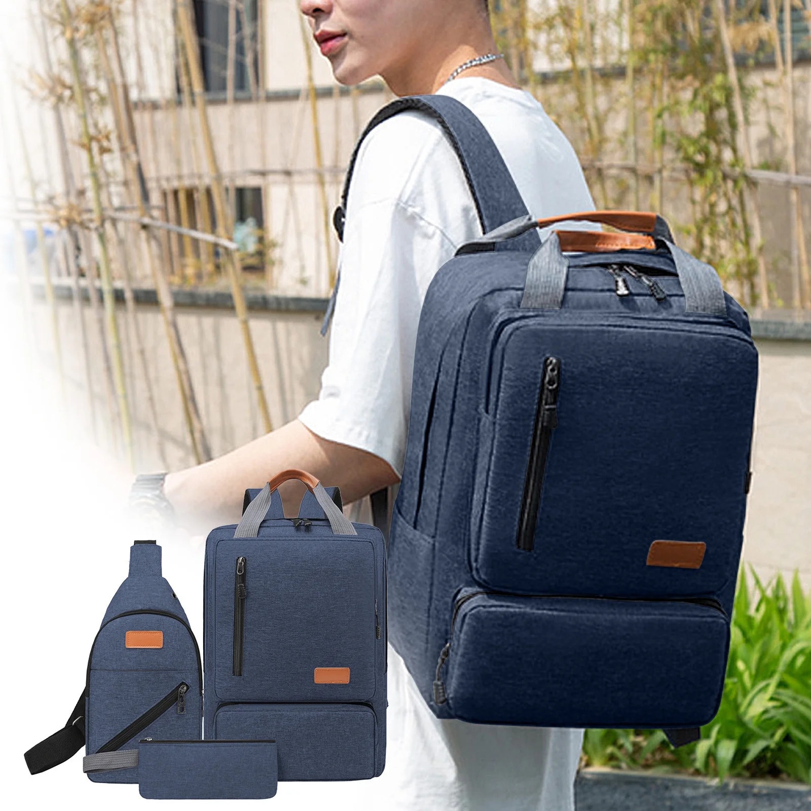 Rucsac laptop set 3 piese, 17 inch, albastru, 45x32x16cm