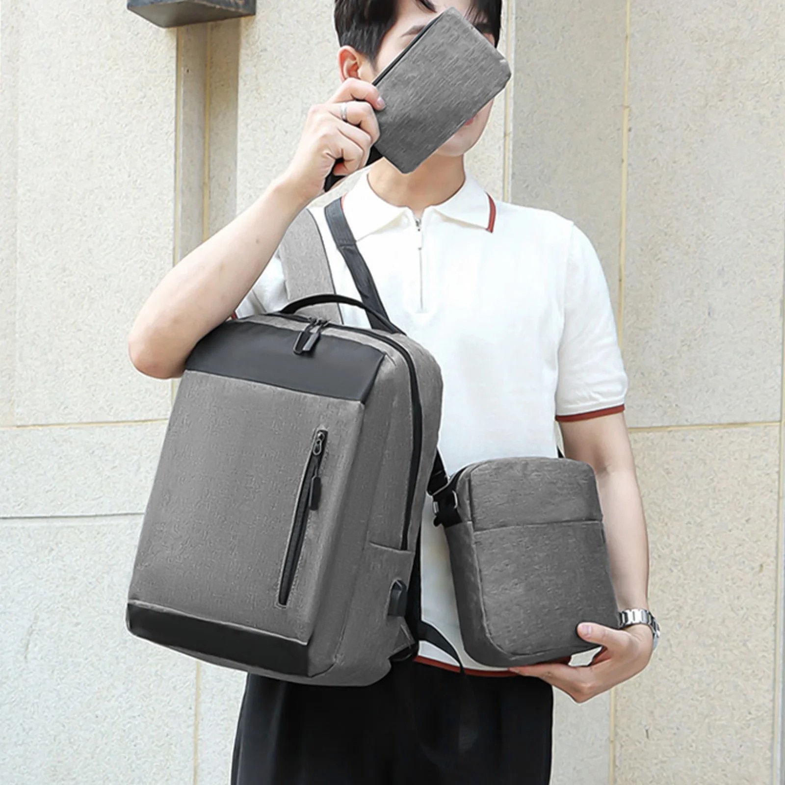 Rucsac laptop set 3 piese, gri, 41x30x12cm, 22x20x5cm, 18x12x2cm