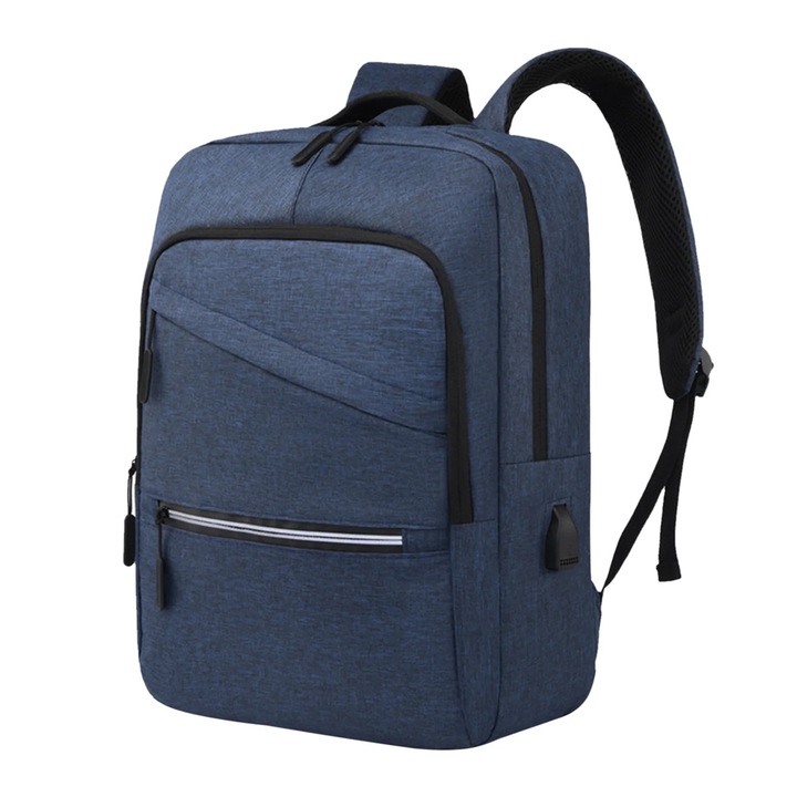 Rucsac business, albastru, 40x28x14cm, port USB, buzunar chei, buzunar sticla 500ml