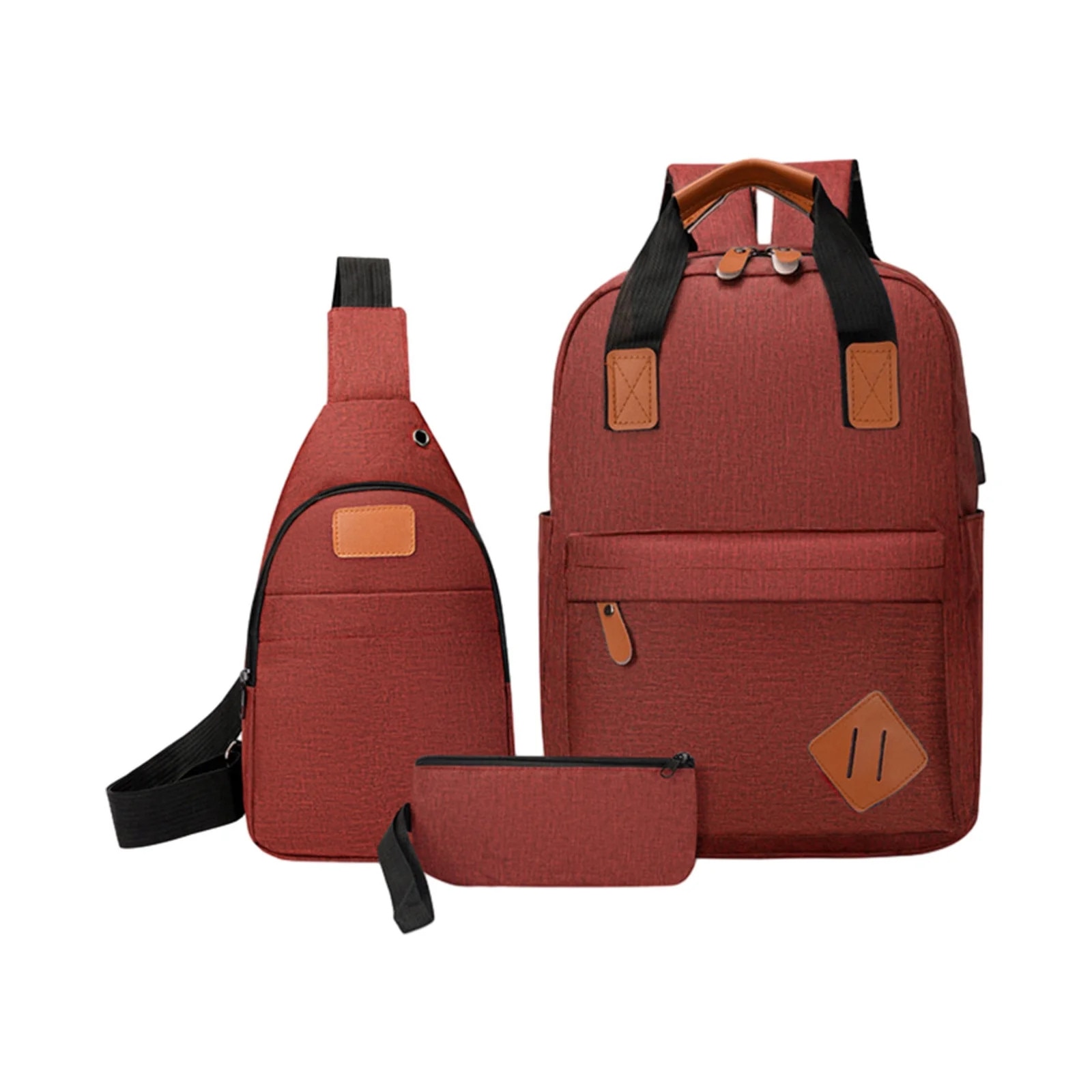 Set 3 piese rucsac laptop, geanta umar si portofel, rosu, 41x29x13cm