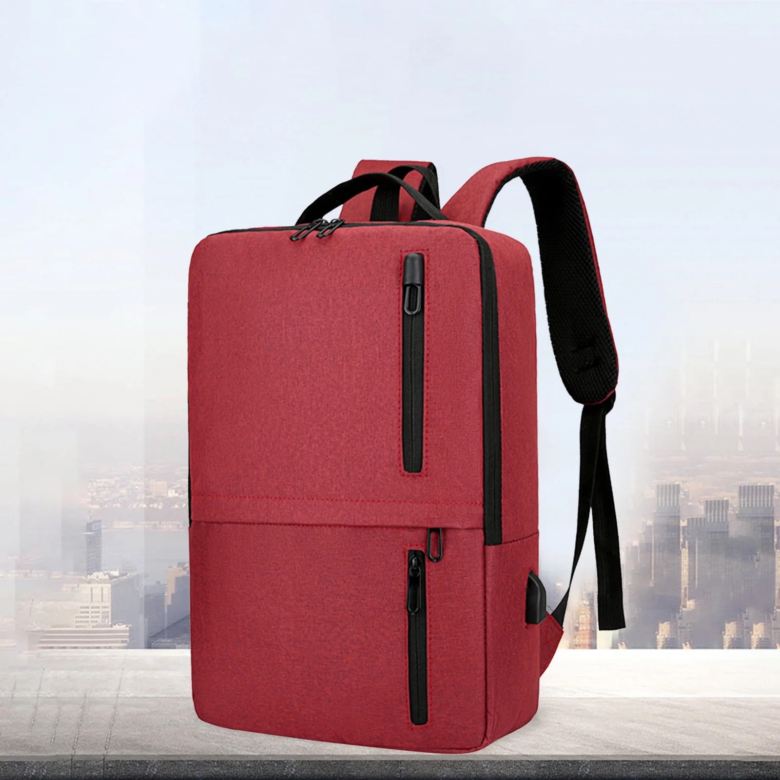 Rucsac laptop calatorie, 15.6 inch, cu port USB, bretele ajustabile, rosu, 43x31x12cm