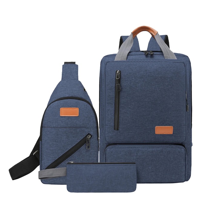 Rucsac laptop set 3 piese, 17 inch, albastru, 45x32x16cm