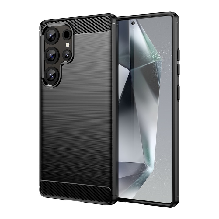Калъф за телефон, За Samsung Galaxy S25, Матиран TPU, Мек на допир, Карбонови влакна, Черен