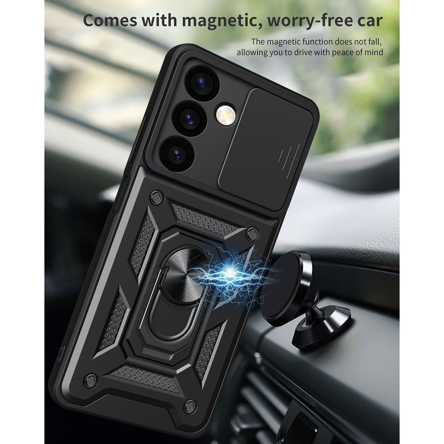 Husa telefon, pentru Samsung Galaxy S25 Capac de obiectiv al camerei glisante, inel rotativ 360°, Negru