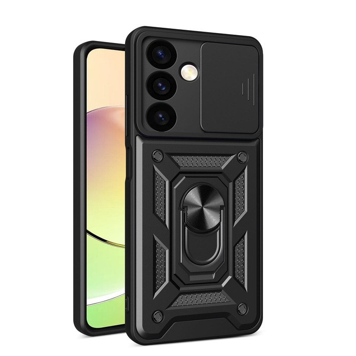 Калъф за Samsung Galaxy S25 с плъзгащ се капак за камерата, въртящ се на 360° пръстен, черен