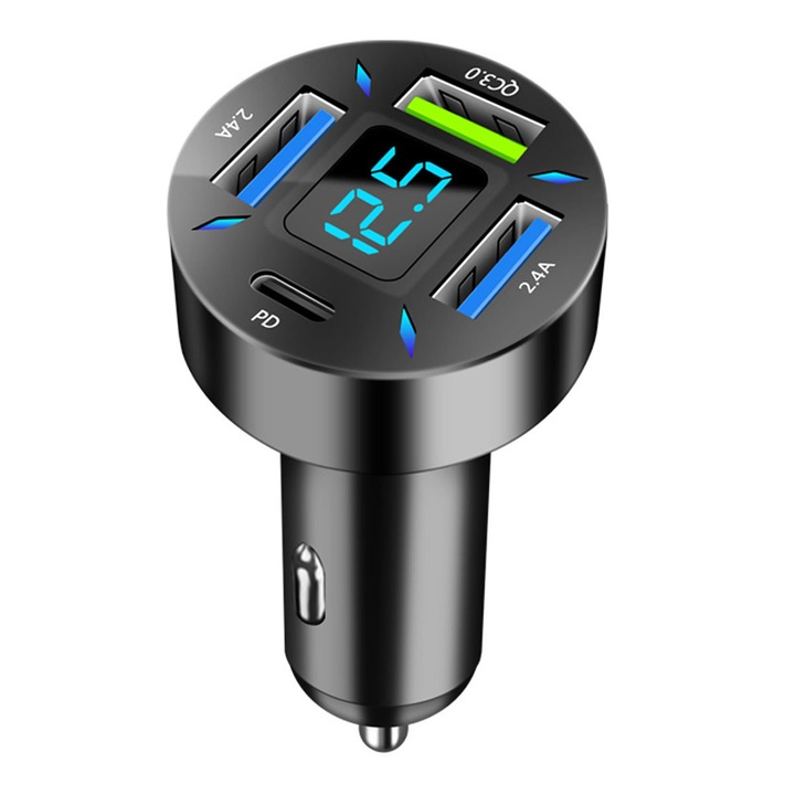 4 portos USB autós töltő, TNEAYWHE, gyorstöltés, feszültségérzékelés, alumínium, 12-24V