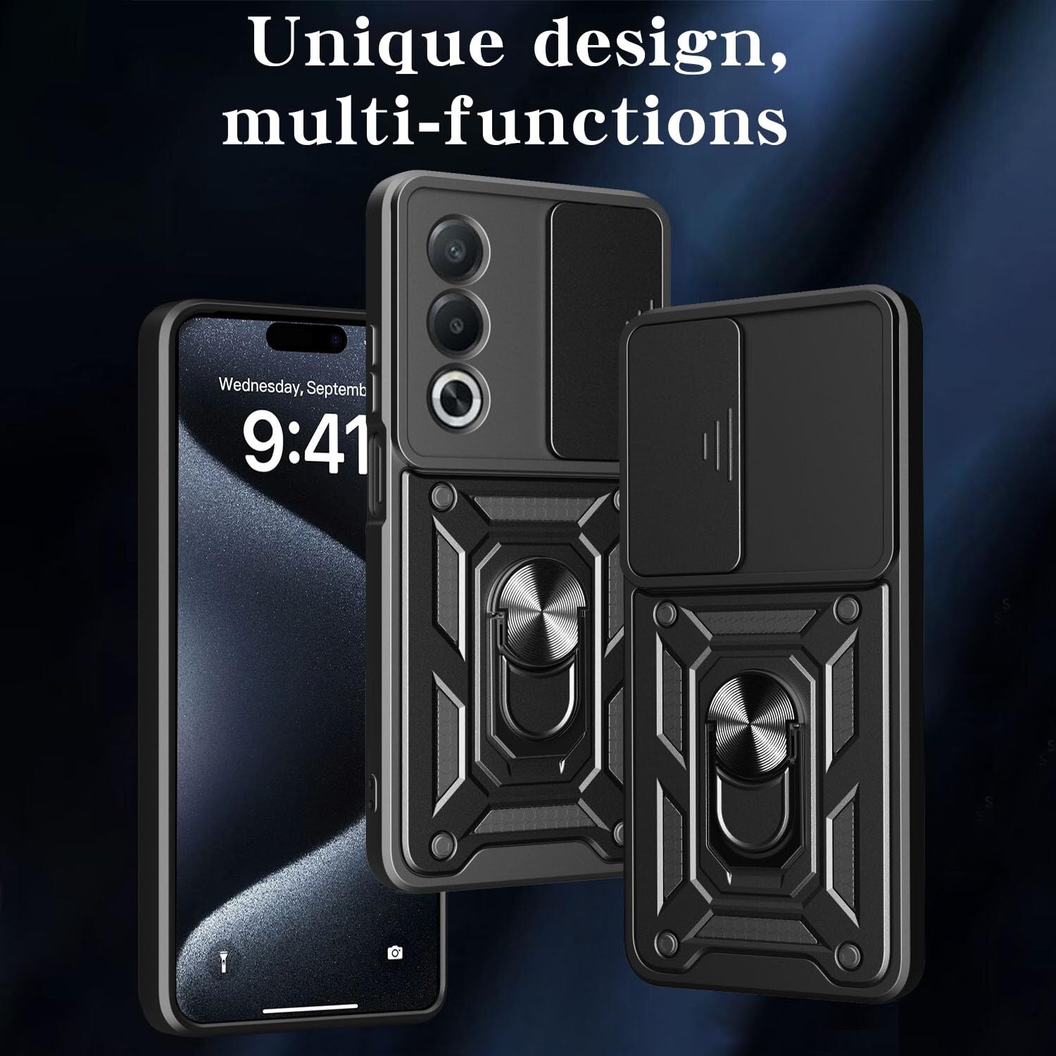 Husa telefon, pentru OPPO A80 5G Capac de obiectiv al camerei glisante, inel rotativ 360°, Negru