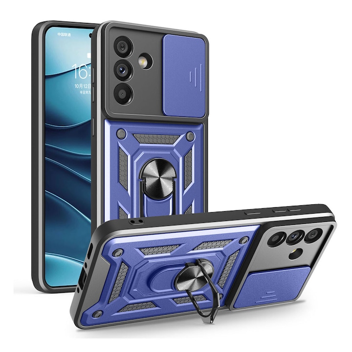 Husa telefon, pentru Samsung Galaxy A56 5G Capac de obiectiv al camerei glisante, inel rotativ 360°, Albastru