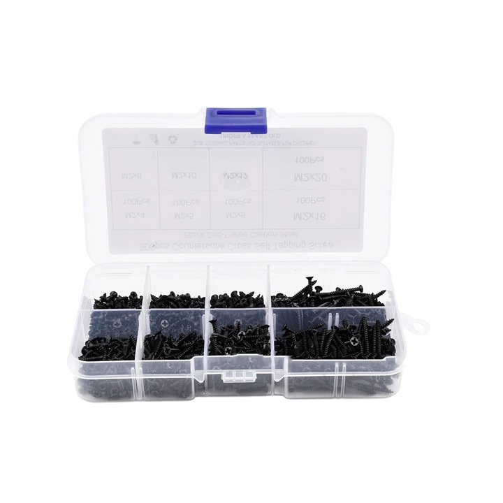 Set 800 suruburi autofiletante, ZGGZERG, Cu filet rapid, cap inecat si amprenta Cruce, In cutie transparenta, Rezistente la rugina, Pentru Proiecte DIY si Tamplarie Profesionala, 1006 otel carbon, 4-20mm, Negru