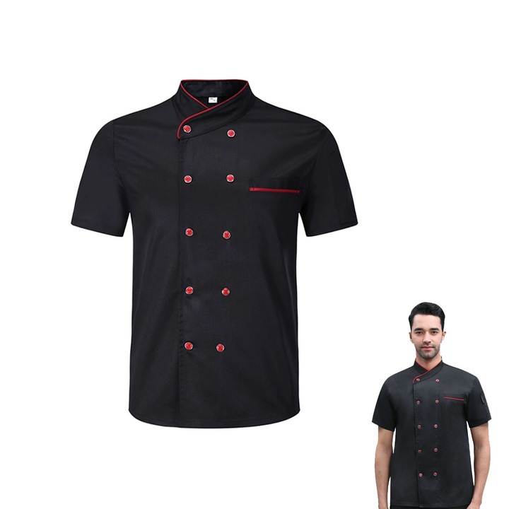 Tunica pentru bucatari, ZGGZERG, Tunica de bucatari unisex, Maneca scurta, Cu buzunare petice si zece butoane, Stand-up guler stil mandarin, Antifouling si respirabil, Rezistent la riduri, Ripstop, Poliester, XXL, Negru