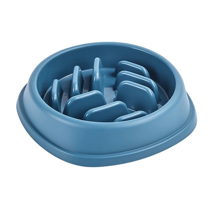 Castron Hranire Lenta caini si pisici, ZGGZERG, Prevenirea Indigestiei, Material Non-Toxic si Rezistent, Design cu minge de fire, Baza Antiderapanta si Curatare Usoara, Pentru mancare sau apa, Plastic, 210*210*45mm, Albastru