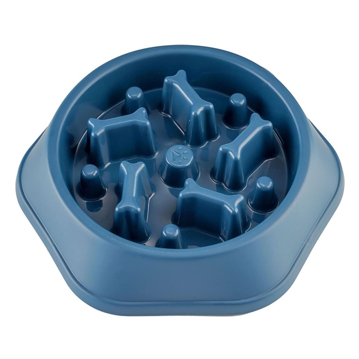 Bol pentru caini Slow Feeder, ZGGZERG, Prevenirea Indigestiei, Material Non-Toxic si Rezistent, Design cu forma osului, Baza Antiderapanta si Curatare Usoara, Pentru mancare sau apa, Plastic, 235*185*5mm, Albastru
