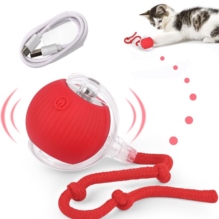 Mingi de jucarie pentru pisici, ZGGZERG, Jucarie interactiva smart pentru pisici, Cu USB, Type-c interfata, 3 moduri, Evitare inteligenta, Design cu coada de sobolan, Trezire cu o singura atingere, Silicon alimentar, 5cm, Rosu
