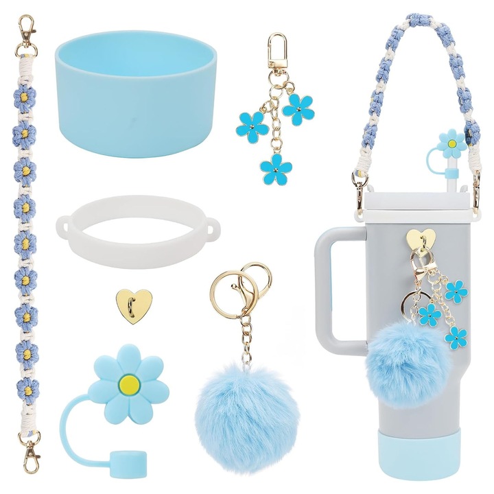 Set 7 accesorii pentru Stanley Cup, ZGGZERG, Accesorii pentru termosuri Stanley Cup, Fara BPA, Rezistent la praf, Optiuni multiple, Multifunctional, Decor, Usor de instalat, Silicon, Marimi multiple, Albastru