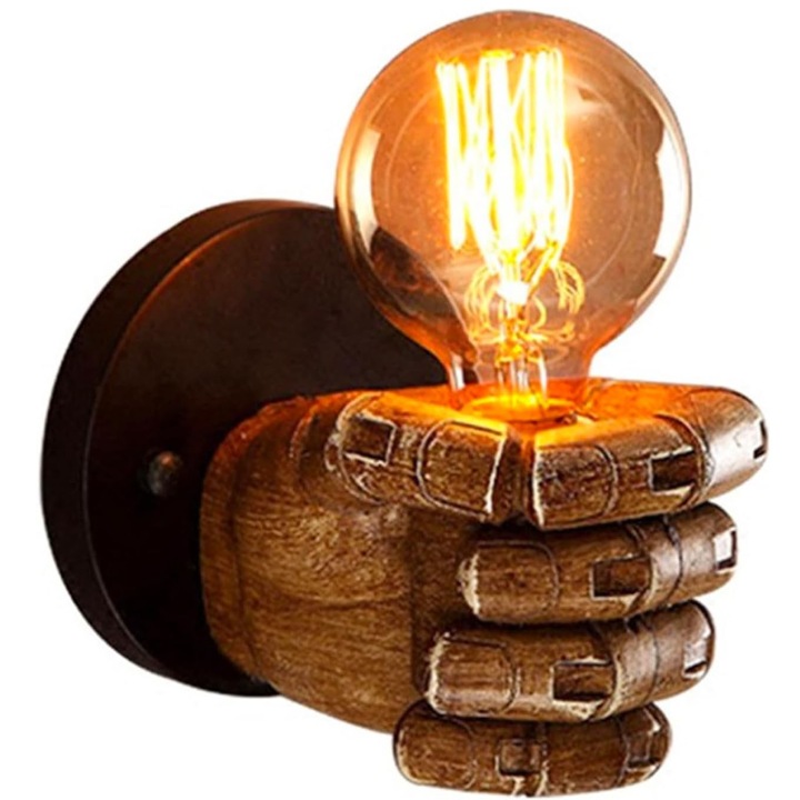 Aplica de perete, SINBINTA, Lampa de perete vintage in forma de pumn, Mana stanga, 4W, Usor de instalat, Rezistenta la apa, Pentru Coridor, Dormitor, Restaurant, Cafenea, Metal, 19*8cm, Maro