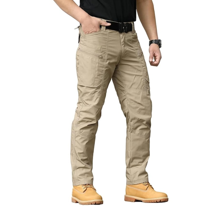 Мъжки карго панталон, ZGGZERG, Карго панталон с камуфлажен принт и множество джобове, еластичен, здрав и устойчив на износване, права кройка, за тренировки на открито, памучна смес, XL, каки