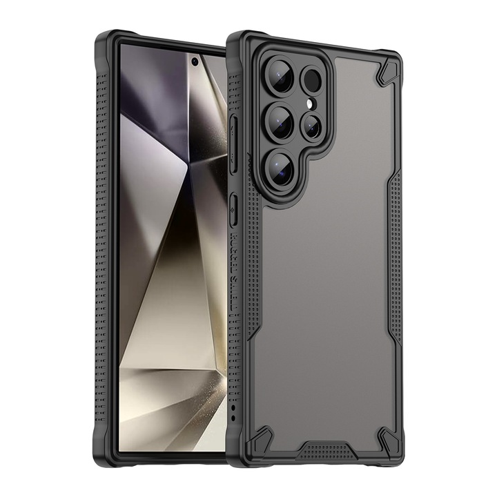 Кейс за телефон, за Samsung Galaxy S24 Ultra Armor от матиран, удобен, масленоустойчив, водоустойчив TPU+PC, мек, полупрозрачен, матов, на пипане, черен | прозрачен