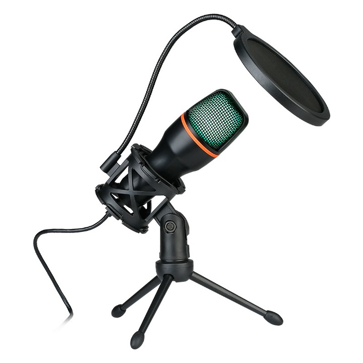 Microfon pentru podcast USB RGB, microfon de streaming cu unghi reglabil, condensator cardioid, cu suport trepied, pentru joc online, podcast, audio, vocal, video, negru