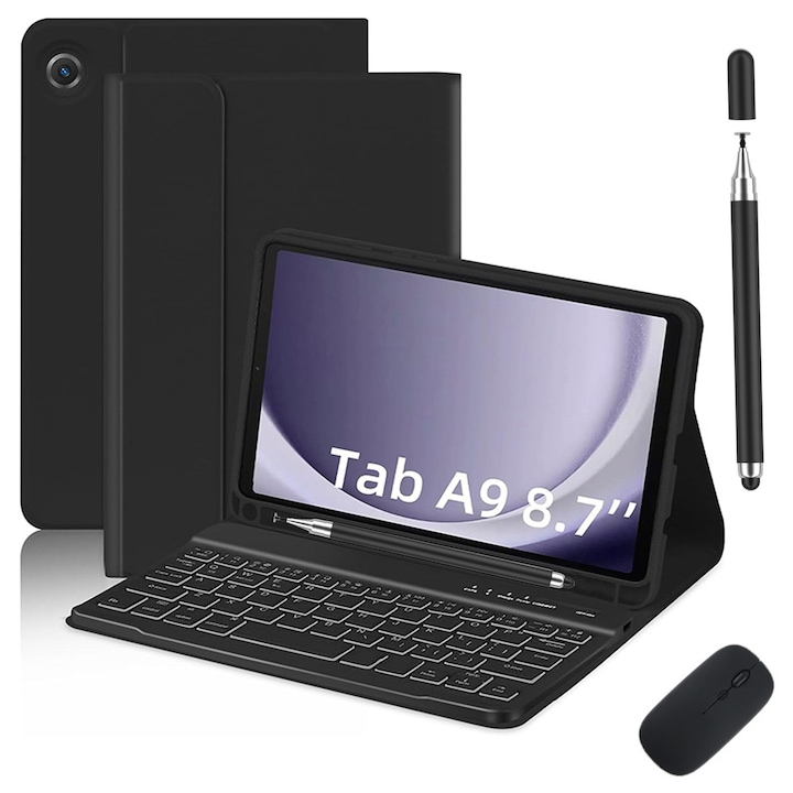Husa Cu Tastatura Pentru Samsung Galaxy Tab A9 SM-X110/X115/X117 8.7", Zggzerg, Husa Cu Tastatura Pentru Tableta, Bluetooth 5.3, Unghiuri ajustabile, Disiparea caldurii, Atractie magnetica, Cu mouse reincarcabil, stylus, TPU, 21.8x15x1.7cm, Negru