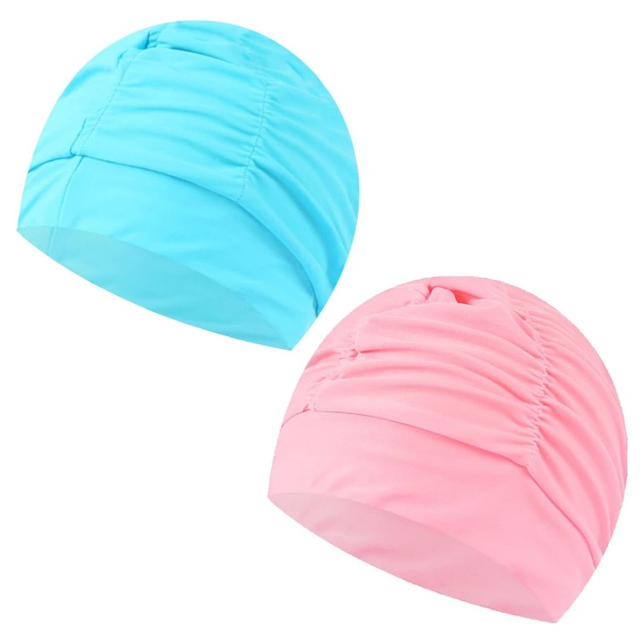Комплект от 2 каски за плуване, аква-спорт, за дълга коса, висока еластичност, унисекс, полиестер, Vanaxalife®, розово/светлосиньо