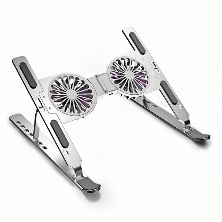 Suport pentru laptop carrlinechoo®, ergonomic, portabil, pliabil, detasabil, cu sistem dublu de ventilatie prin cooler, compatibil cu laptopuri de la 10 - 17 inch, fabricat din aluminiu, Argintiu Deschis