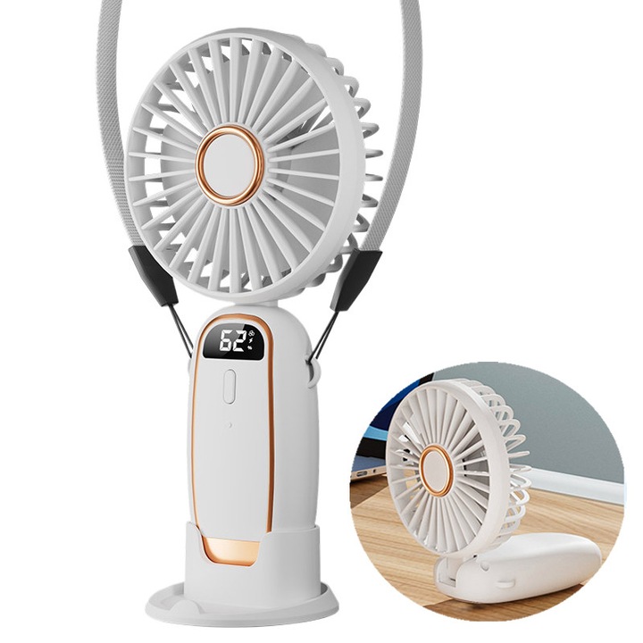 Ultra hordozható ventilátor, Lecheng®, 3 az 1-ben, kézi, asztali, nyakba akasztható ventilátor, 5 sebességfokozat, összecsukható, LED képernyő, USB C típusú, fehér