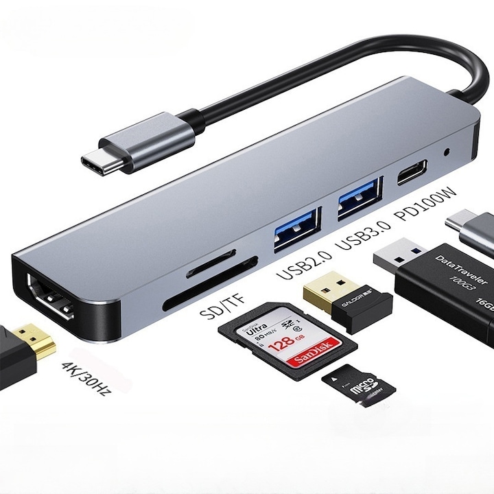 Dgkeyh Hub 6-in-1 cu Incarcare Rapida 100W, HDMI 4K, USB 3.0, ot SD/TF, Carcase Aluminiu, Transfer Viteza Inalta pentru Laptop/Telefon Sl