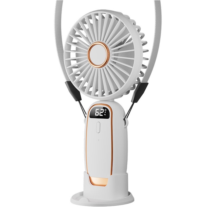 Ultra hordozható ventilátor, 3 az 1-ben, hordozható, asztali, nyakra akasztható ventilátor, 5 sebességfokozat, összecsukható, LCD kijelzővel, 4000mAh, 90°-ban állítható, fehér