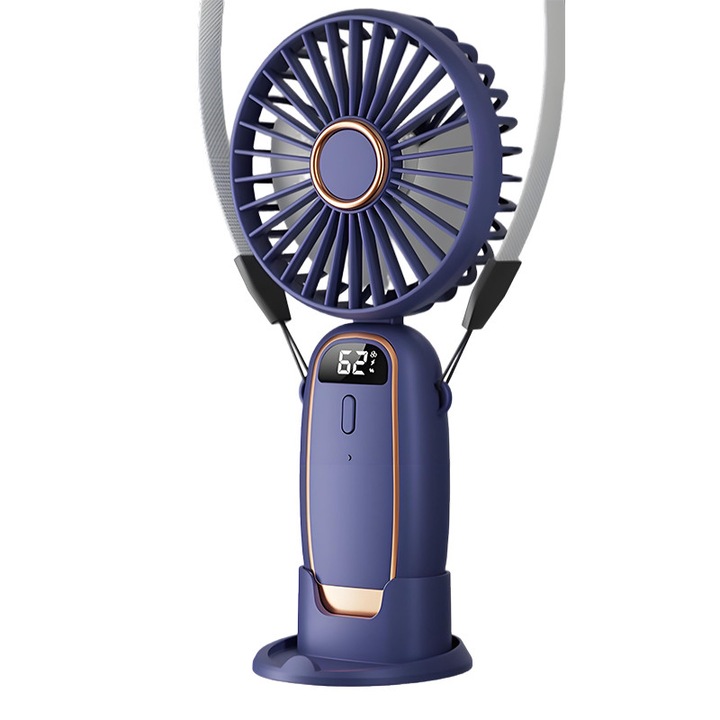 Ultra hordozható ventilátor, 3 az 1-ben, hordozható, asztali, nyakra akasztható ventilátor, 5 sebességfokozat, összecsukható, LCD kijelzővel, 4000mAh, 90°-ban állítható, lila